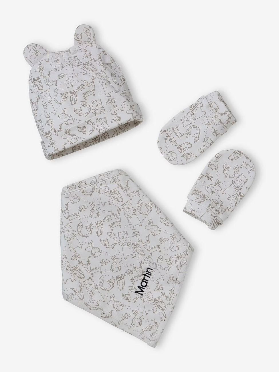 Ensemble bonnet + moufles + foulard + sac bébé imprimé personnalisable taupe (Vertbaudet) - Couverture