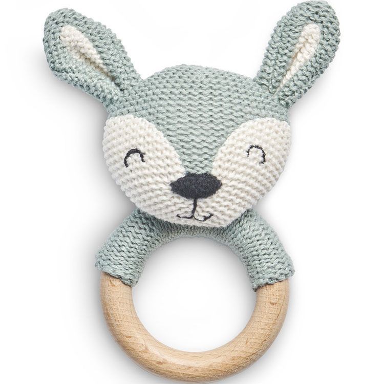 Hochet anneau de dentition biche en tricot vert cendre (Jollein) - Image 1
