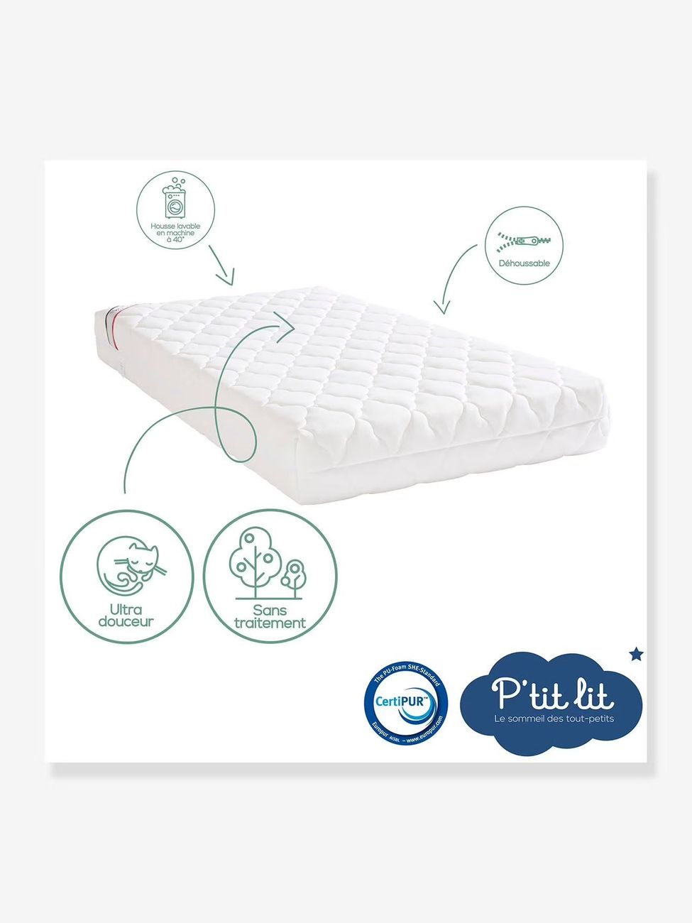 Matelas bébé Bamboo non traité déhoussable blanc (P'Tit Lit) - Image 2