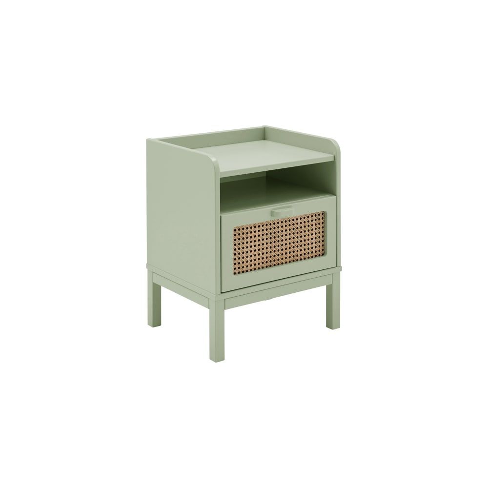 Table de chevet effet bois et cannage vert sauge (CAMIF) - Image 1