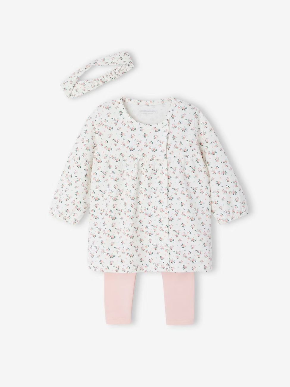 Ensemble bébé naissance 3 pièces robe legging et bandeau nude imprimé (Vertbaudet) - Image 1