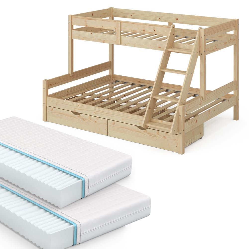 Lit superposé avec 2 matelas et 2 tiroirs, naturel bois 207.6 x 131cm (VitaliSpa®) - Couverture
