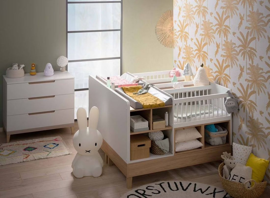 Lit Bébé Jumeaux Évolutif Mooréa Blanc & Bois (Chambrekids) - Image 1