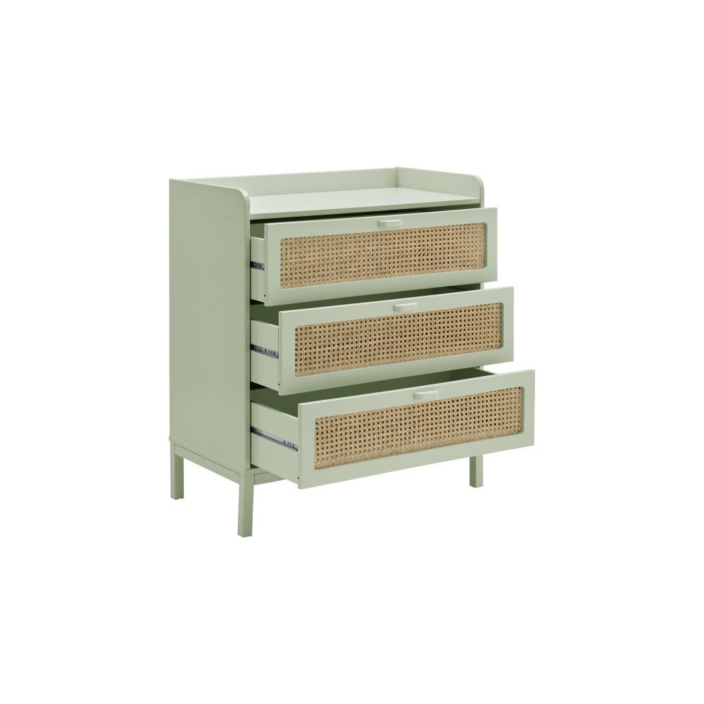 Commode 3 tiroirs effet bois et cannage vert sauge (CAMIF) - Image 3