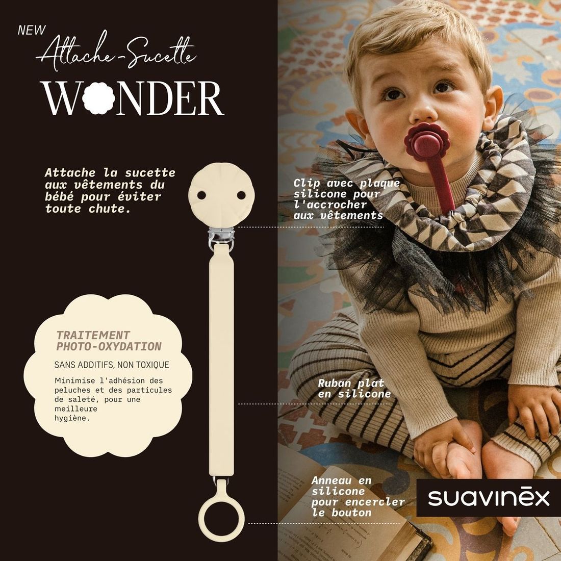 Attache sucette en silicone Wonder Whitecap Gray (Suavinex) - Image 2