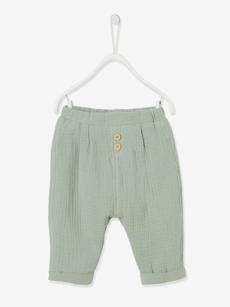 Pantalon bébé mixte coupe sarouel en gaze de coton tilleul (Vertbaudet) - Couverture