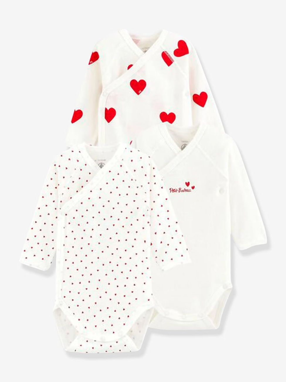 Lot de 3 bodies croisés manches longues coeurs bébé naissance en coton bio blanc (Petit Bateau) - Couverture