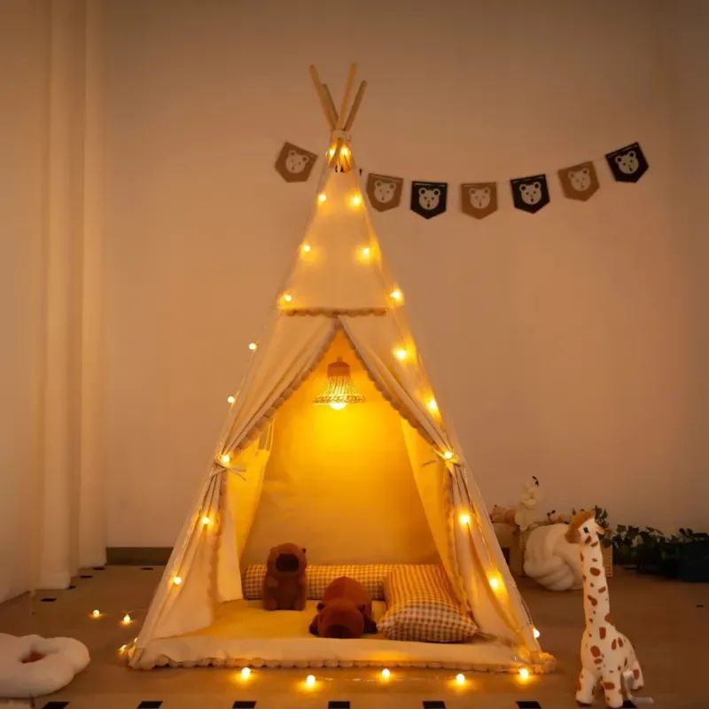 Tente tipi avec pompons pour enfant beige (Babykare) - Image 1