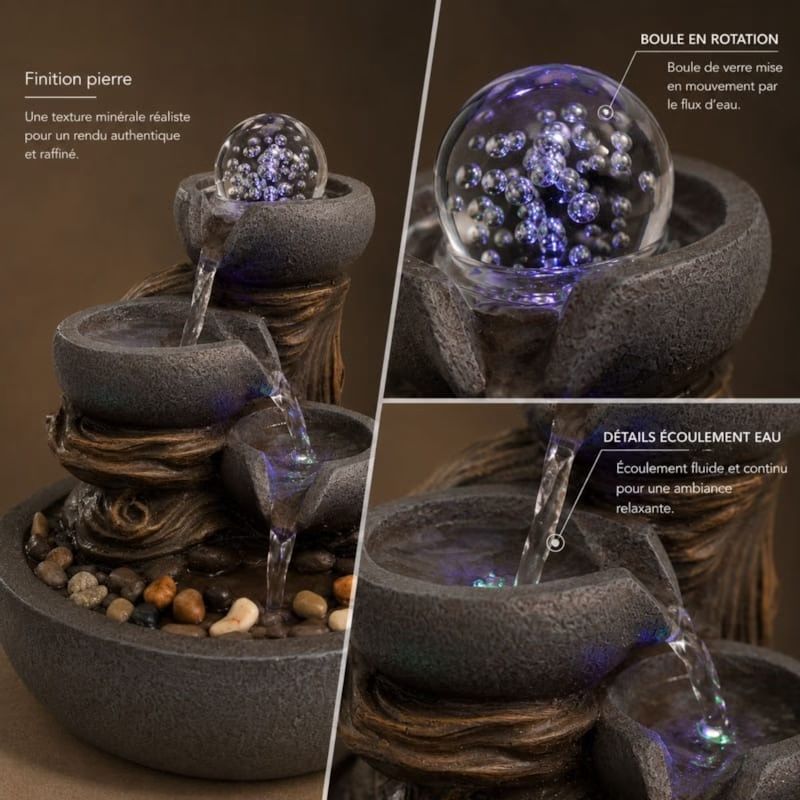 Fontaine d'intérieur nature yggra, cascade 3 niveaux et boule de verre led (Zen Light) - Image 3