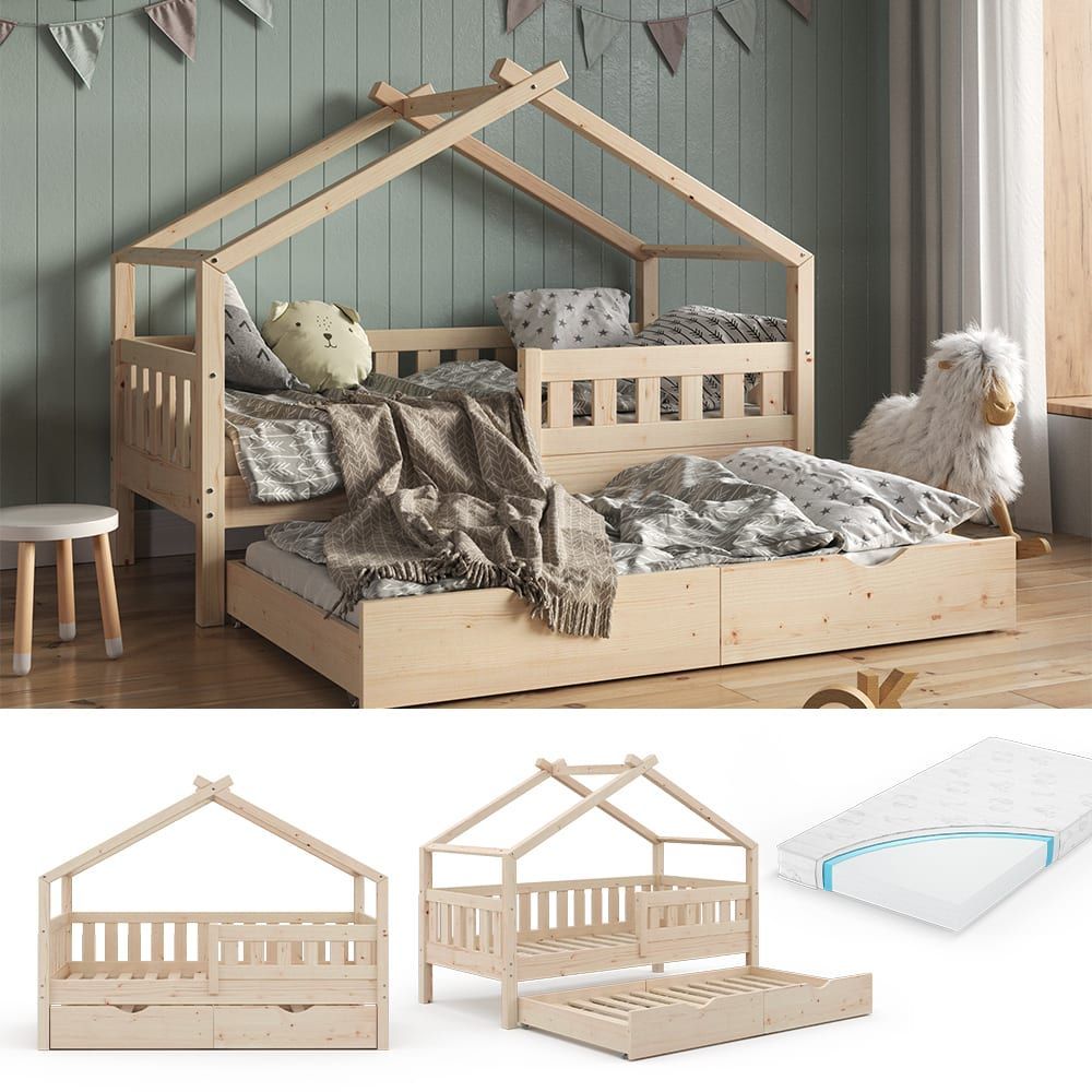 Lit cabane avec lit dappoint et matelas naturel bois 167.6x133.6cm (VitaliSpa®) - Image 2