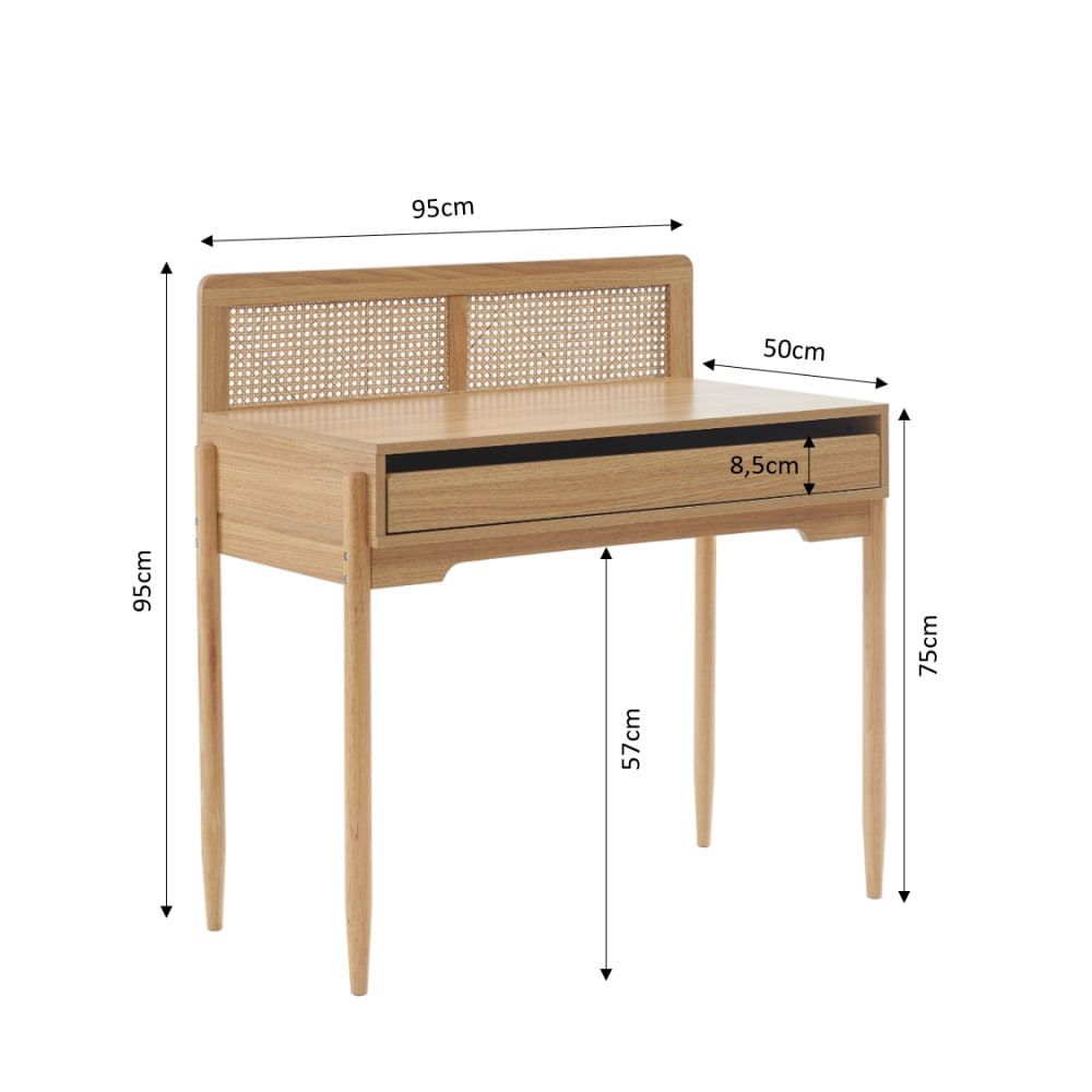 Bureau cannage rotin et effet bois 1 tiroir (Baita) - Image 2