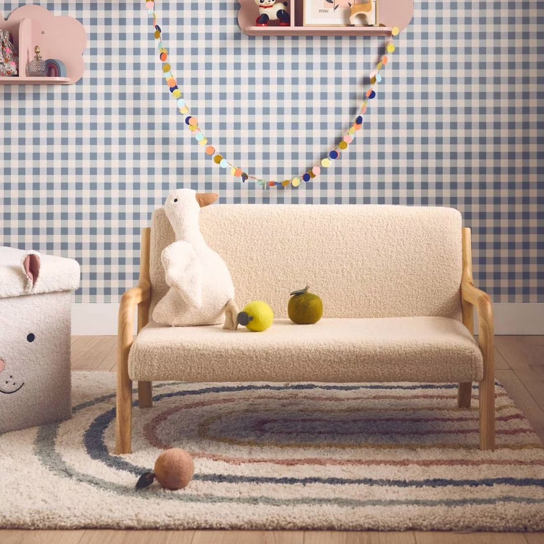 Banquette Scandinave Enfant En Bois Et Tissu Bouclette 2 Places Beige (sweeek) - Couverture