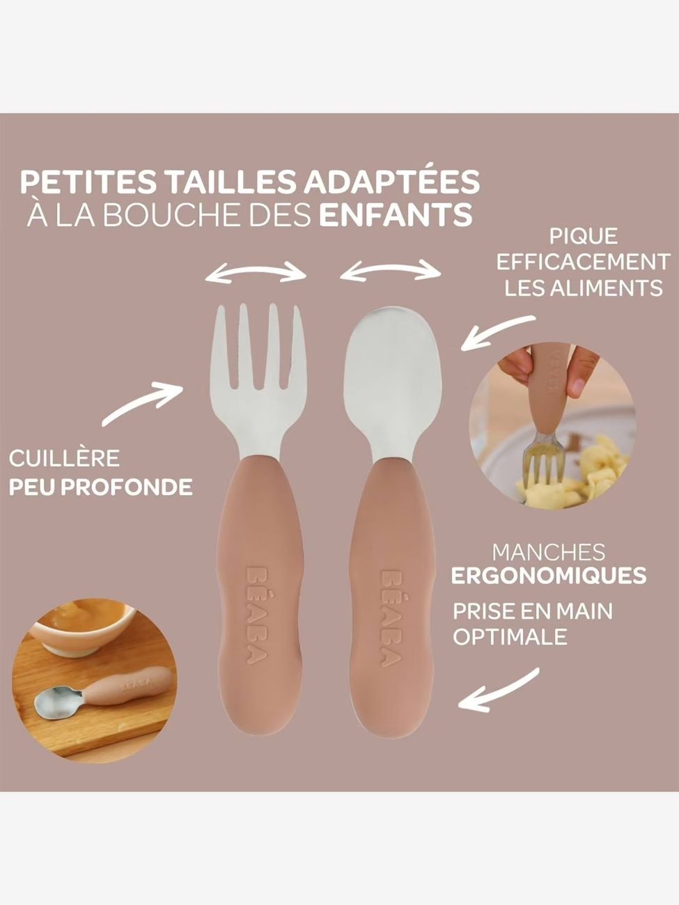 Lot de 2 pré-couverts d'apprentissage 2e âge en inox et silicone beige imprimé (Béaba) - Image 1