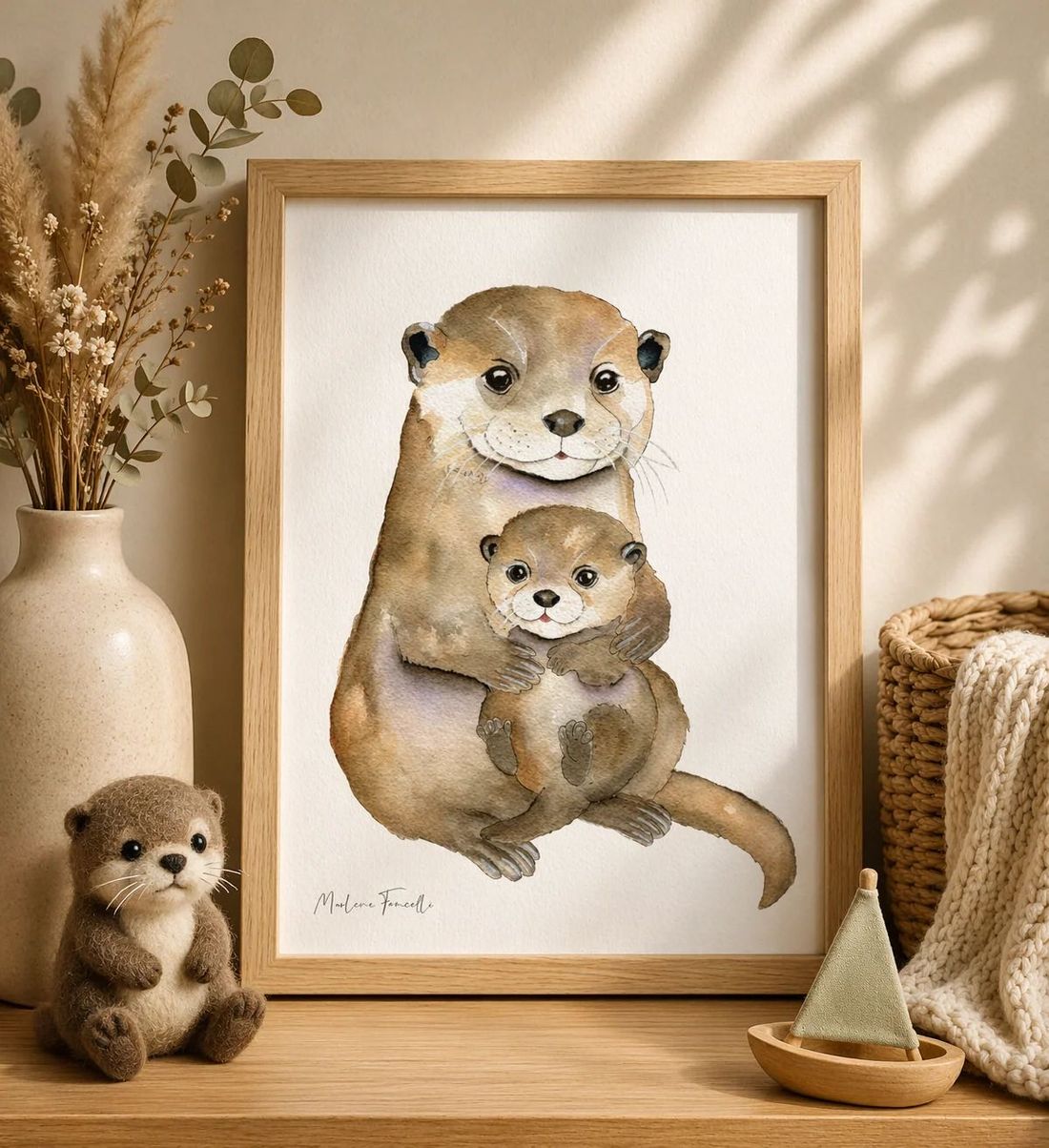 Affiche famille loutre aquarelle – Poster animal pour chambre bébé et enfant (Les Aquarelles de Marlène) - Image 1