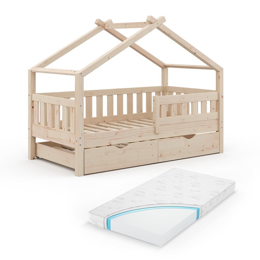 Lit cabane avec lit dappoint et matelas naturel bois 167.6x133.6cm (VitaliSpa®) - Couverture