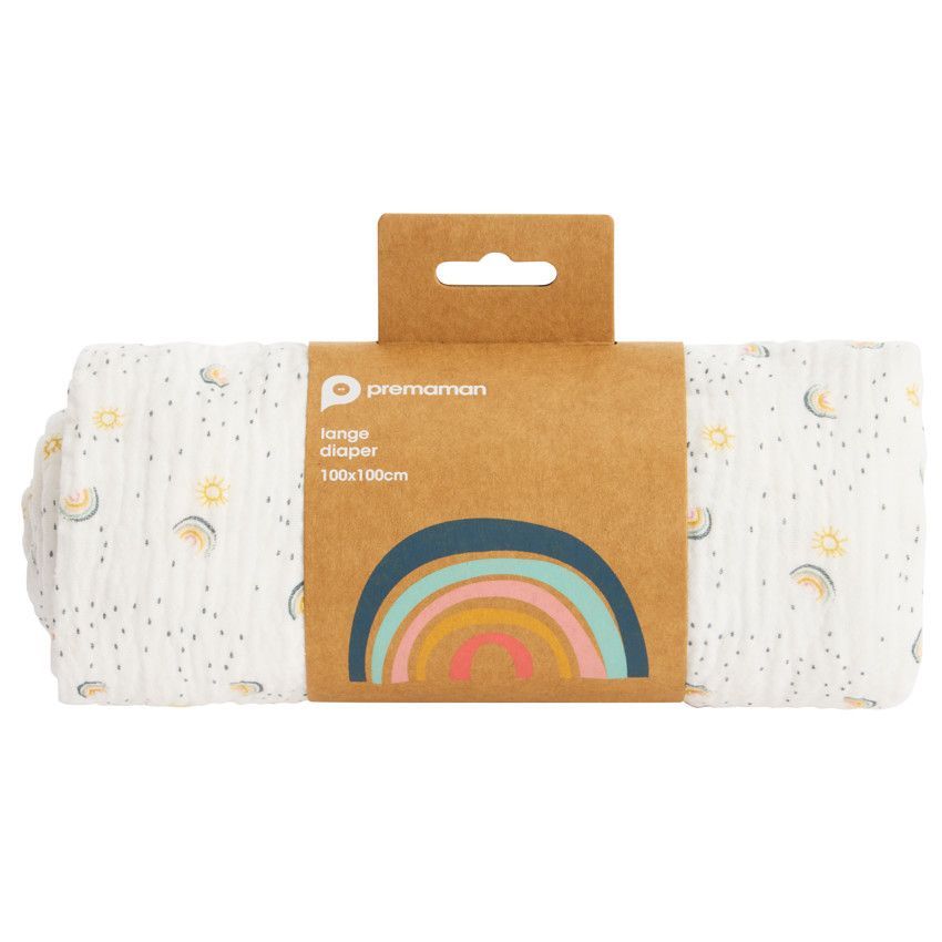 Lange en gaze de coton 100 x 100 cm imprimé arcs-en-ciel - Ecru (Prémaman) - Image 2
