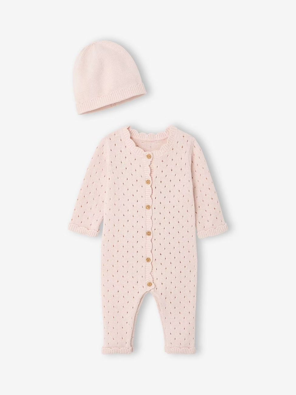 Ensemble combinaison et bonnet naissance fille rose pâle (Vertbaudet) - Image 2