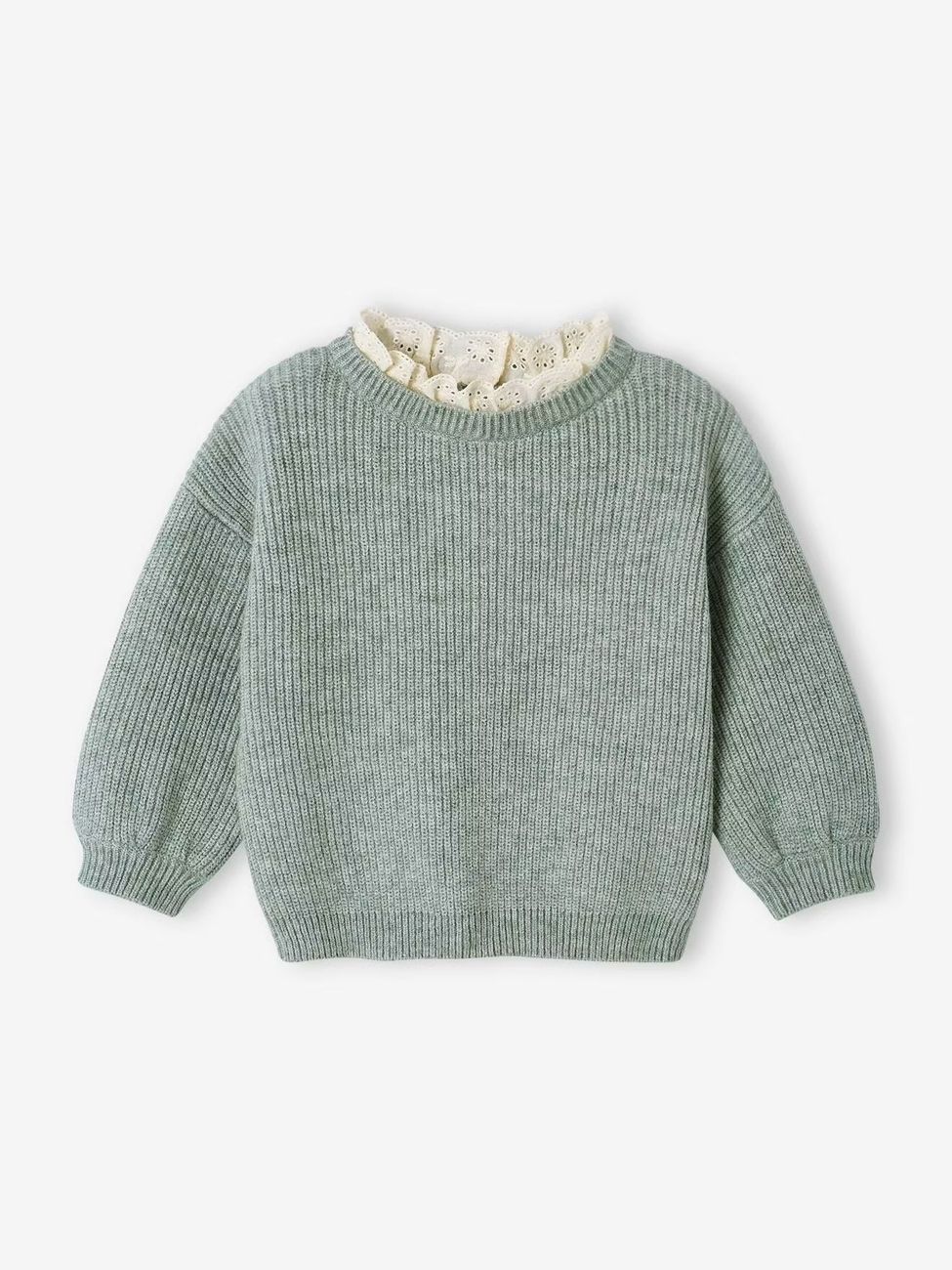 Pull bébé fille en côte perlée col en broderie anglaise vert sauge (Vertbaudet) - Couverture