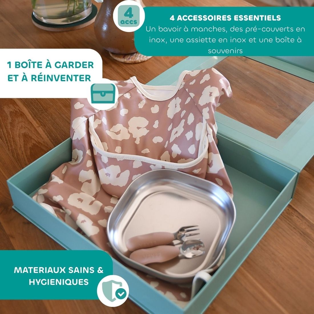 Coffret cadeau set repas couverts et bavoir Savannah Bloom (Béaba) - Image 5