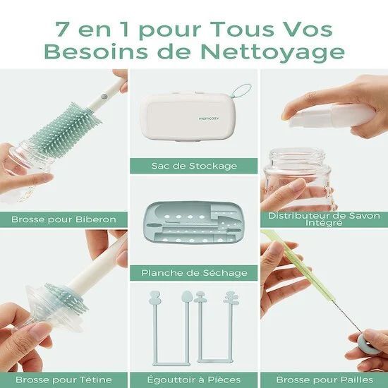 Set de brosses de nettoyage de biberons 7-en-1 portable (Momcozy) - Couverture