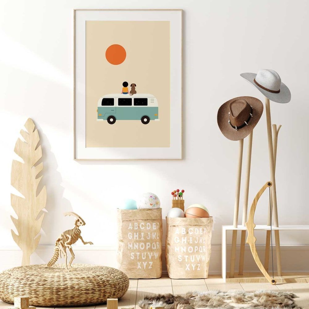 Affiche enfant sur le van avec cadre bois 40x60 cm (Hexoa) - Image 1