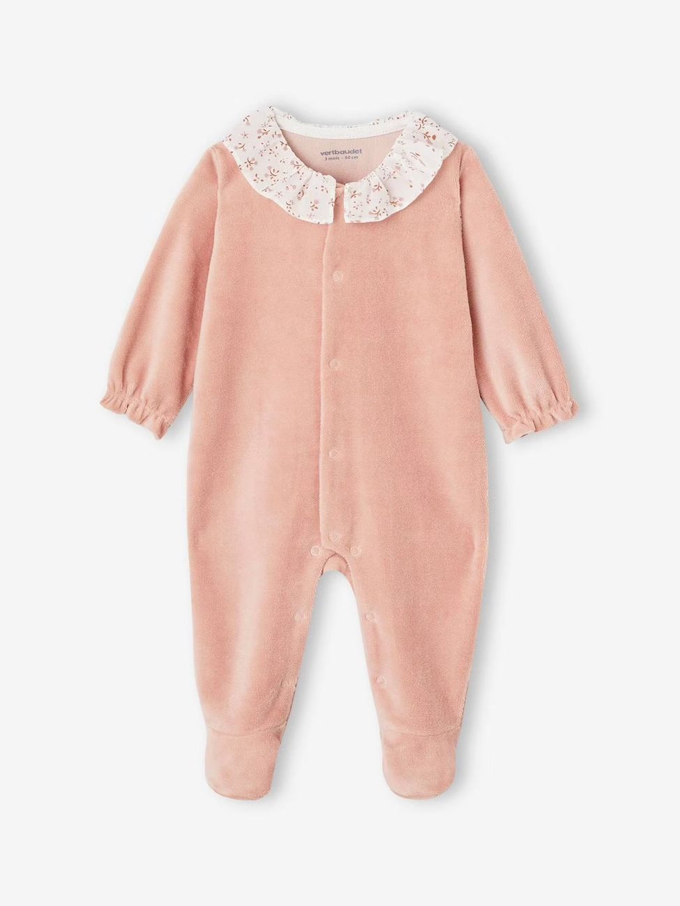 Pyjama bébé fille velours collerette imprimée rose poudré (Vertbaudet) - Image 1