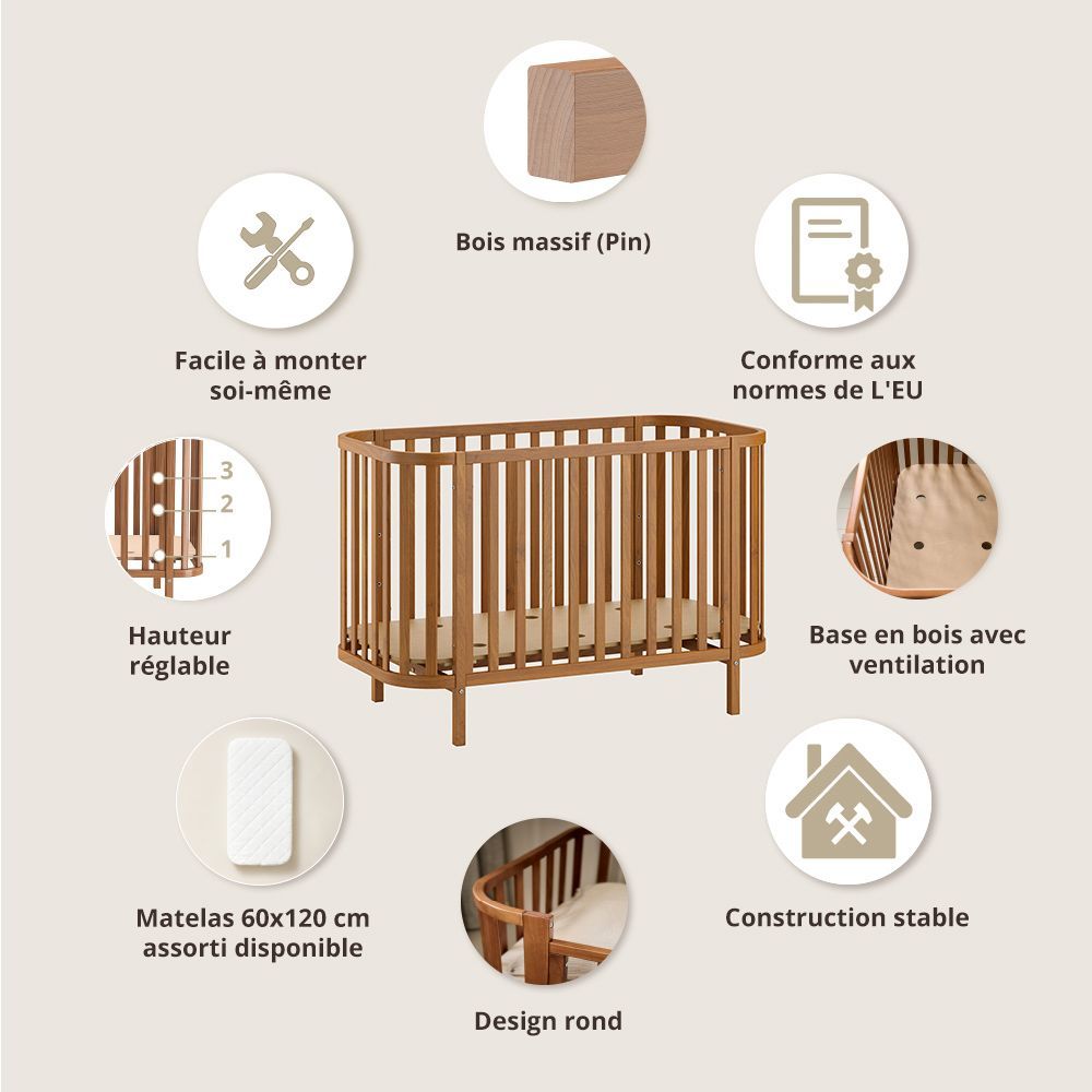 Petite Amélie Lit Bébé Ovale Cocoon | Bois | Brun Noyer | 60x120 cm | Lit bébé rond élégant et durable avec hauteurs réglables pour la chambre (Petite Amélie) - Image 2