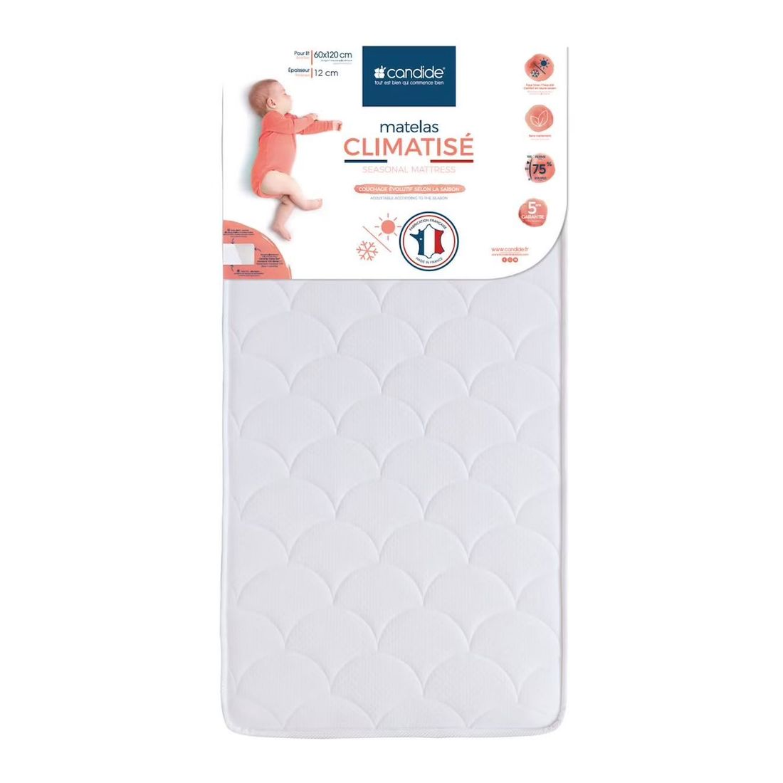 Matelas Bébé Climatisé - Face Été/face Hiver Blanc (Candide) - Image 1