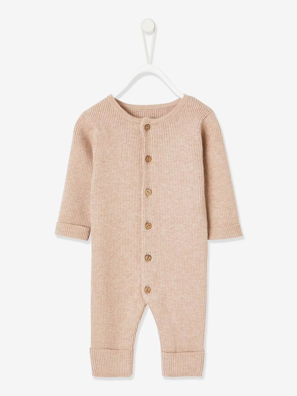 Combinaison en côtes bébé manches longues beige chiné (Vertbaudet) - Image 1