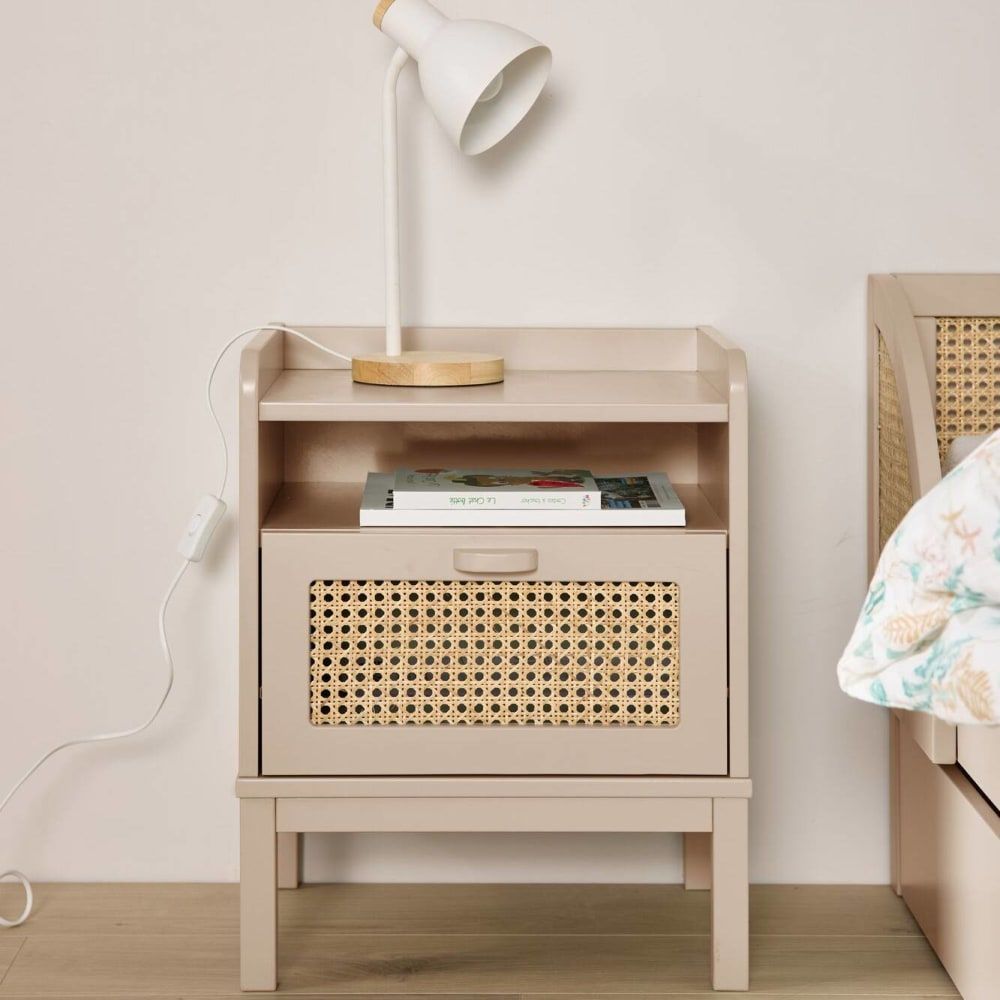 Table de chevet effet bois et cannage beige (CAMIF) - Couverture
