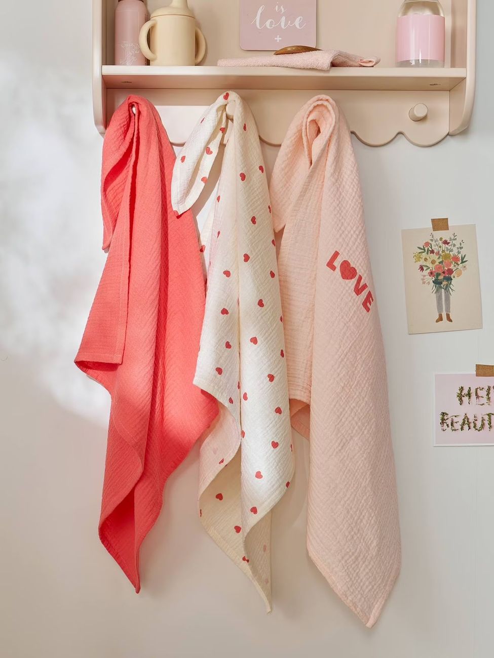 Lot 3 langes en gaze de coton MON COEUR rose imprimé (Vertbaudet) - Couverture