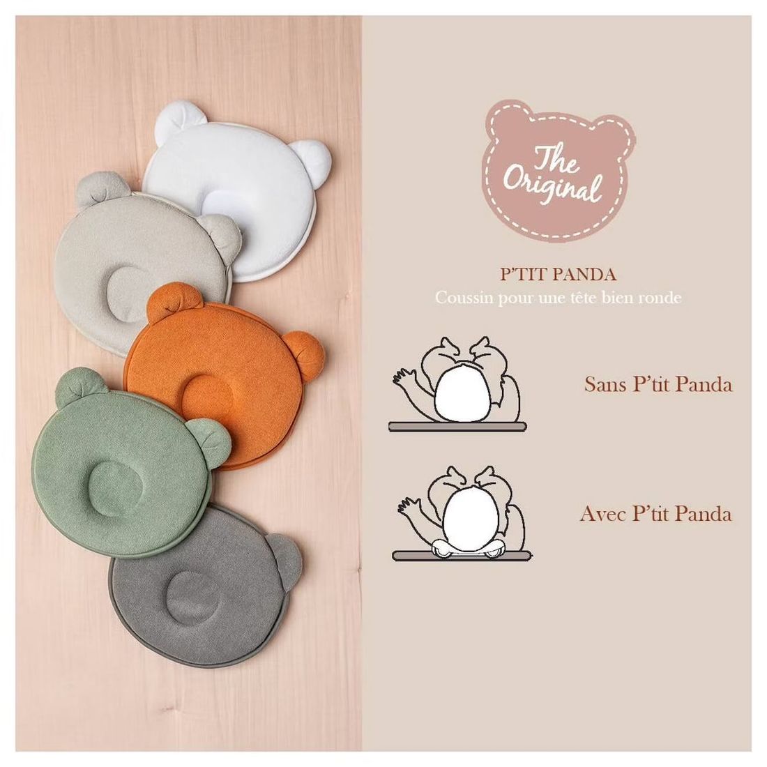Coussin Cale Tête Bébé P'tit Panda Kaki (Candide) - Image 2