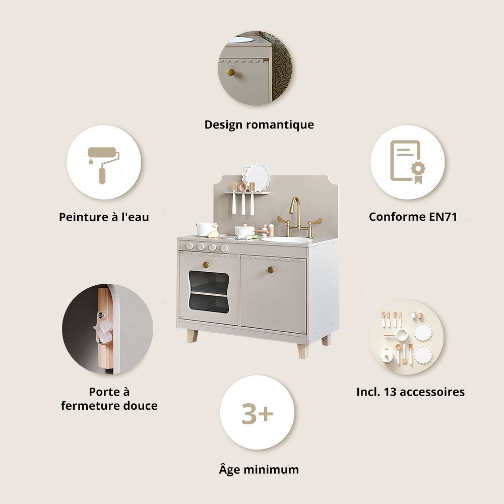 Petite Amélie | Cuisine enfant en bois Sorbier | Jeu d'imitation avec 13 accessoires | Taupe | Design robuste et intemporel pour chambre d'enfant (Petite Amélie) - Image 2
