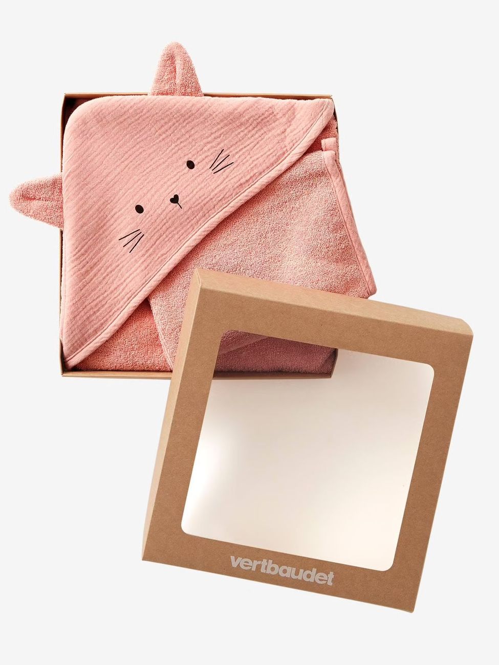 Cape de bain gaze de coton et gant de toilette BIO* rose (Vertbaudet) - Image 1