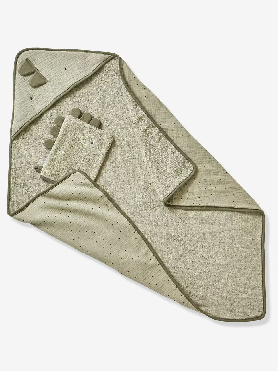 Cape de bain gaze de coton + gant de toilette PETIT DINO vert (Vertbaudet) - Image 1