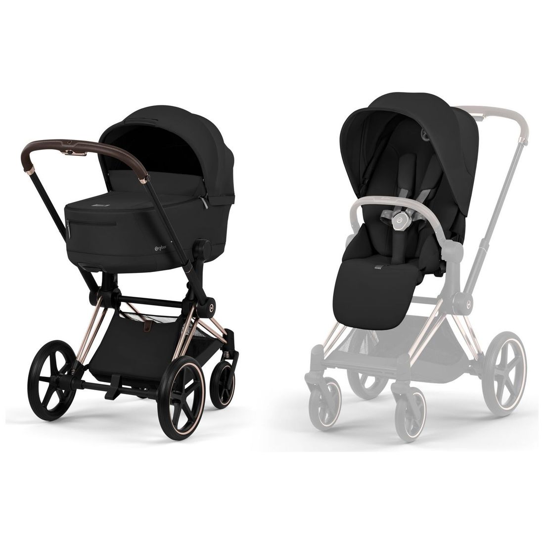 Duo PRIAM 2026 Poussette tout-terrain avec nacelle pliable et Châssis Rose Gold Sepia Black (Cybex) - Couverture