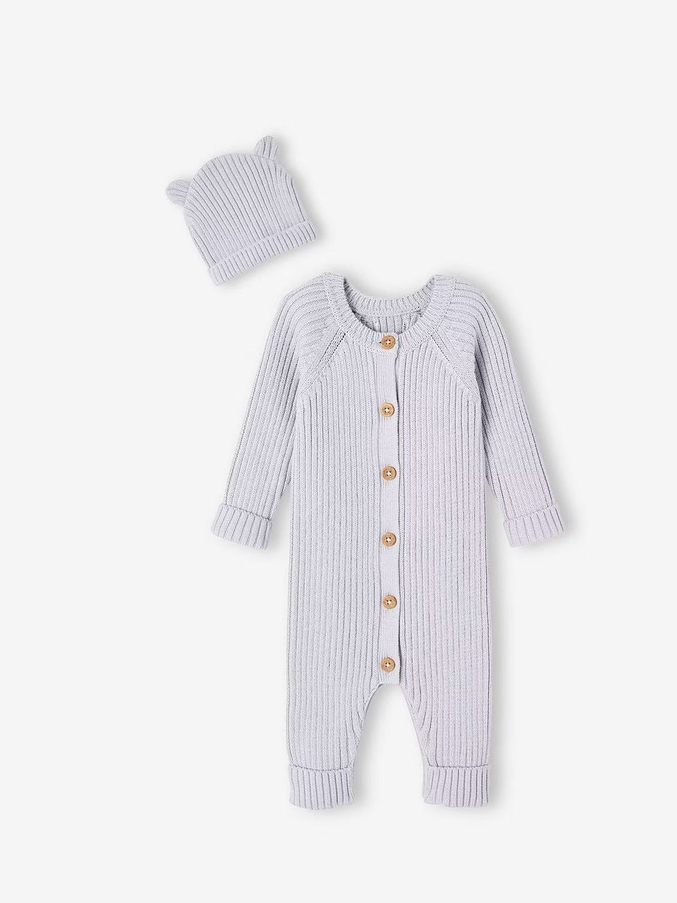Ensemble bébé combinaison et bonnet à oreilles en tricot bleu pâle (Vertbaudet) - Image 2