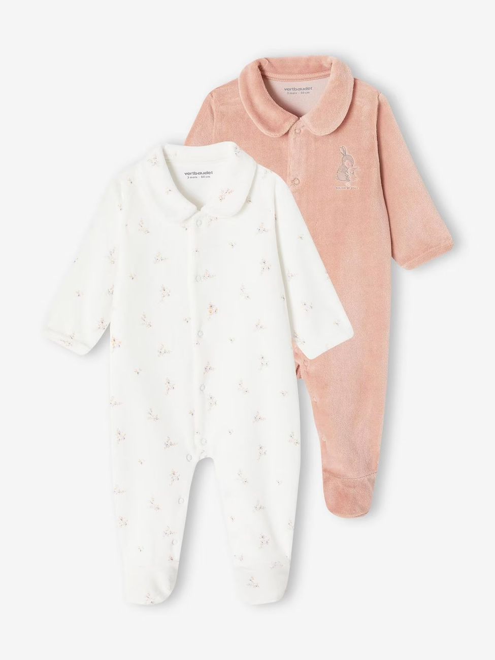 Lot de 2 pyjamas mixtes velours ouverture naissance rose (Vertbaudet) - Couverture