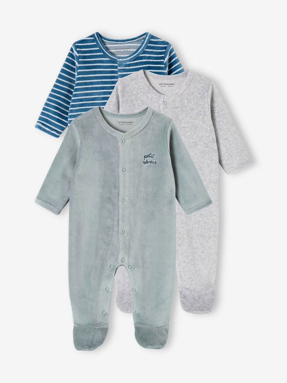 Lot de 3 pyjamas bébé mixte en velours ouverture naissance lot vert d'eau (Vertbaudet) - Couverture