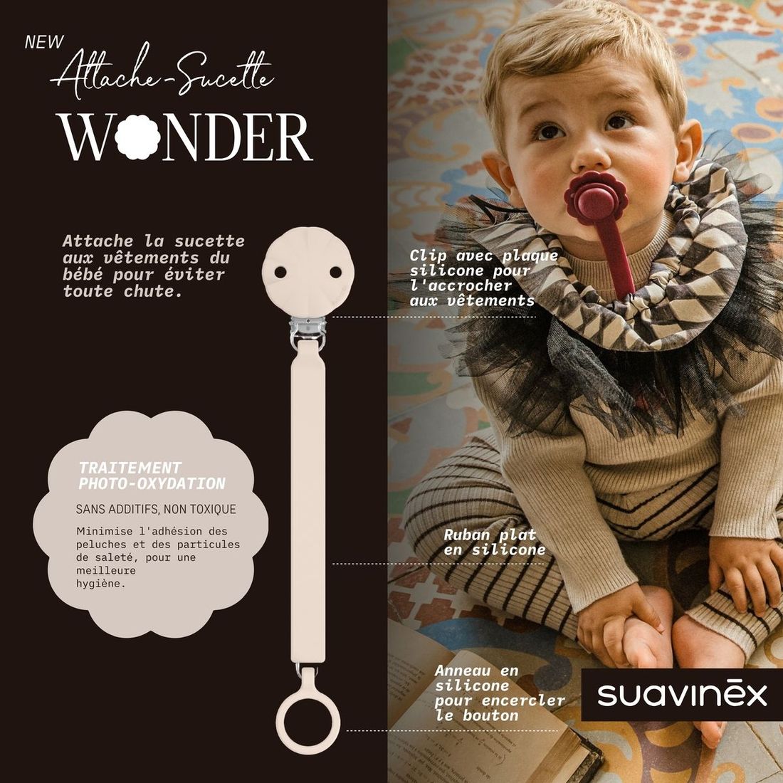 Attache sucette en silicone Wonder Mauve Chalk (Suavinex) - Image 2