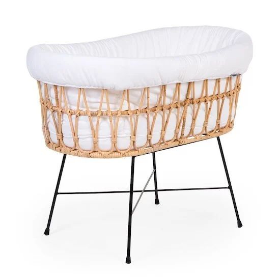 Berceau rotin + Base en métal + Matelas - Habillage Jersey Ecru (Childhome) - Image 1