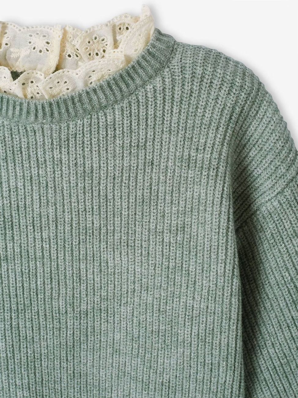 Pull bébé fille en côte perlée col en broderie anglaise vert sauge (Vertbaudet) - Image 2