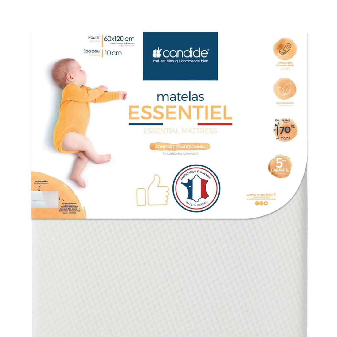 Matelas Bébé Essentiel - Confort Traditionnel Blanc (Candide) - Image 1