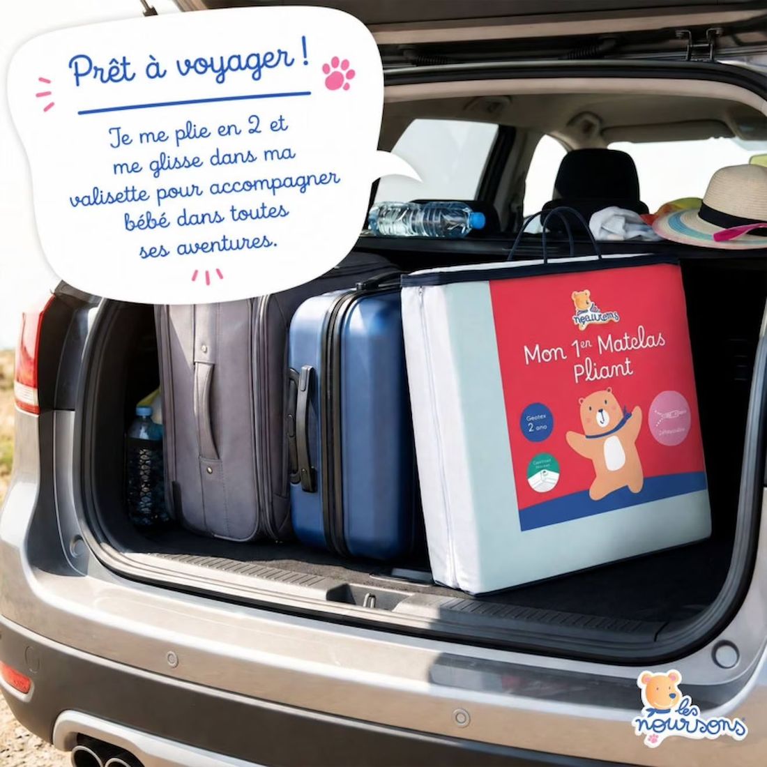 Matelas Pliant Bébé De Voyage - Déhoussable Blanc (Les Noursons) - Image 1