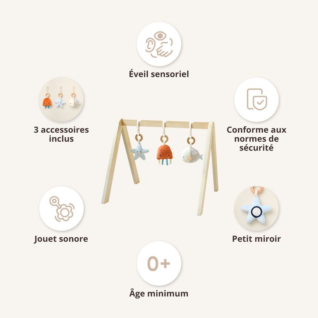 Petite Amélie | Portique d'éveil bébé Mer | Bois naturel | 60x50x48 cm | Arche de jeu pour nourrisson avec trois accessoires en peluche amovibles (Petite Amélie) - Image 3