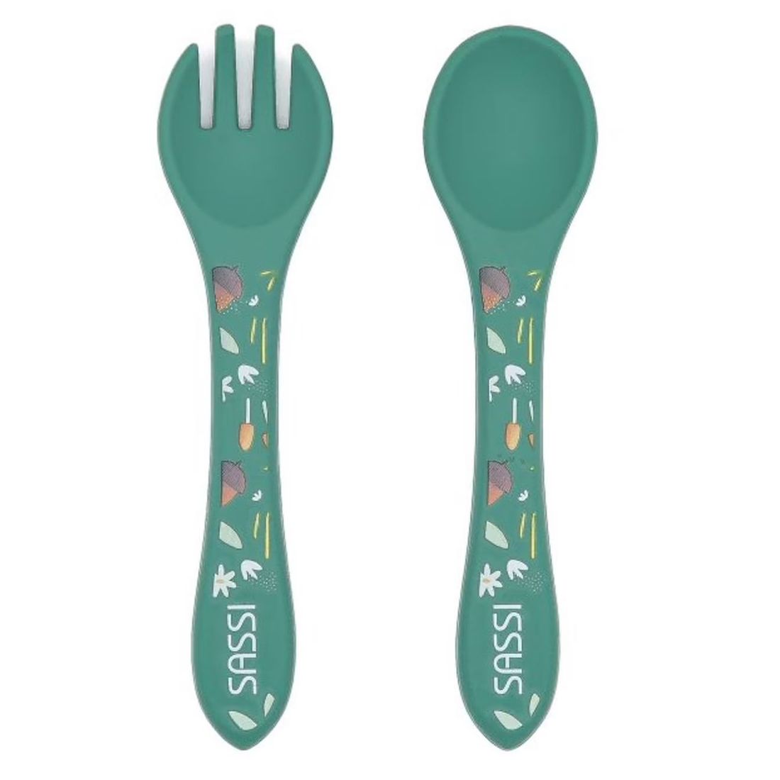 Set Fourchette Et Cuillère En Silicone Animaux Vert Paon (Sassi) - Couverture