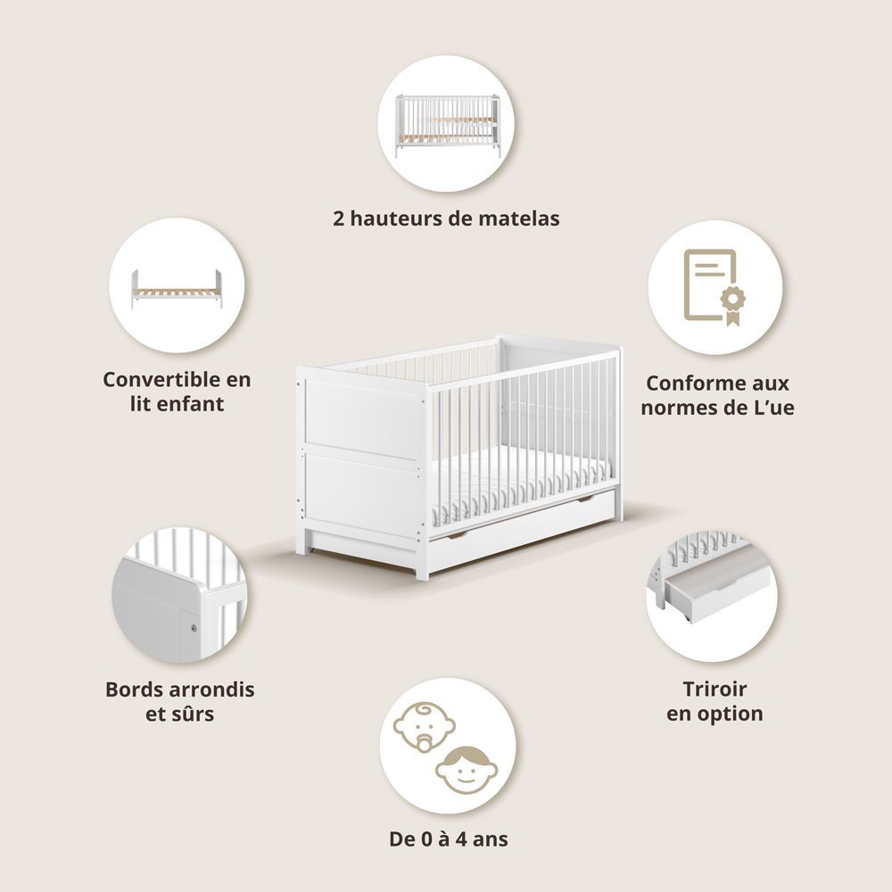 Petite Amélie Lit bébé évolutif 3 en 1 Évolutif 0-4 ans Blanc 70x140 cm (Petite Amélie) - Image 4
