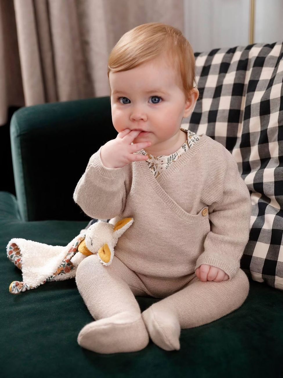 Pantalon à pieds bébé en tricot coton/laine beige chiné (Vertbaudet) - Couverture