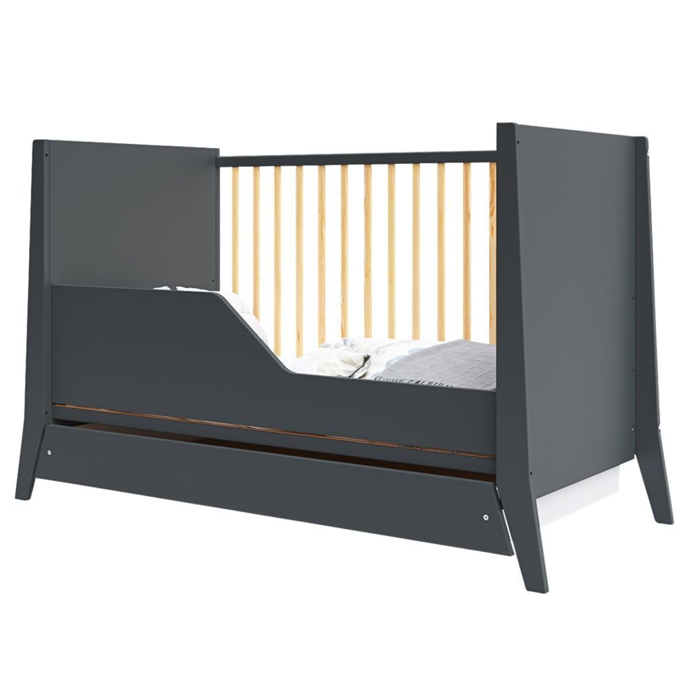 Lit bébé évolutif en bois avec tiroir - anthracite - 120x60 cm (Premiers Moments) - Image 1