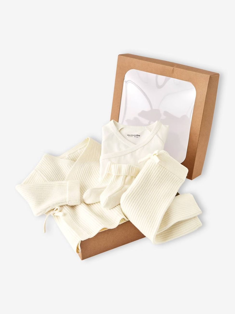 Ensemble bébé 4 pièces en tricot gilet + pantalon + chaussons + body coffret cadeau naissance écru (Vertbaudet) - Image 1